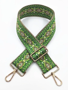 Adjustable ethnic style woven bag strap with green geometric patterns and gold metal hooks