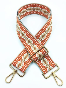 Ethnic style adjustable shoulder strap with orange geometric embroidery and gold hooks
