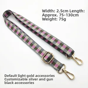 Detail of 2.5cm pink and green checkered strap with gold lobster clasps and adjustment buckle