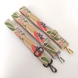 Adjustable floral embroidered bag straps with colorful jacquard and metal hooks