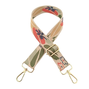 Adjustable woven canvas bag strap with colorful floral embroidery and gold metal hooks