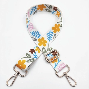 Floral print wide canvas shoulder strap for handbags with gold metal lobster clasps