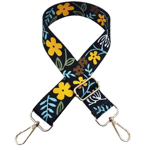 Ethnic floral wide crossbody strap with high-density fabric and gold metal hooks