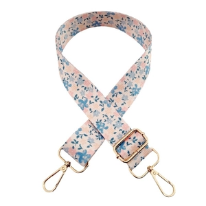 Adjustable wide floral replacement handbag strap with blue and pink flower print