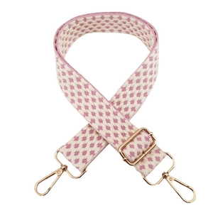 Adjustable wide jacquard bag strap with pink star pattern and gold metal hooks