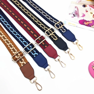 Adjustable woven jacquard bag straps with gold metal buckles in five vibrant colors