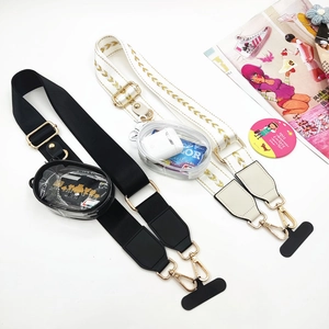 Adjustable wide phone strap with zipper pouch in black and embroidered white