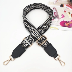 Ethnic style woven wide bag strap with geometric patterns and golden metal hooks