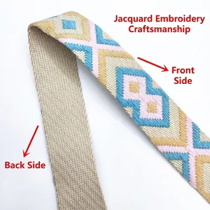 Adjustable jacquard embroidered shoulder strap with geometric diamond patterns for handbags
