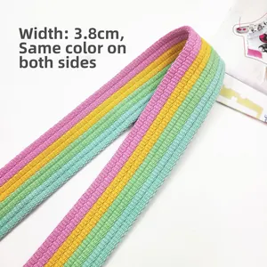 Detail view of 3.8cm wide rainbow striped shoulder strap with double-sided woven patterns