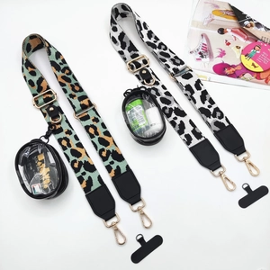 Adjustable leopard print phone strap set with transparent mini pouches and gold hardware