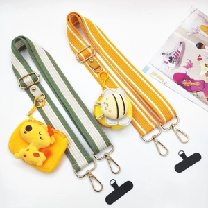 Colorful striped crossbody phone strap with cute giraffe and bee plush coin pouches
