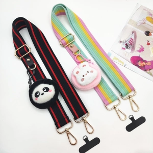 Wide colorful woven shoulder straps with plush animal doll pouches and gold buckles