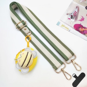 Green stripe canvas bag strap with golden buckles and cute plush bee coin purse