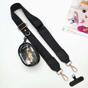 Adjustable black phone strap with gold hardware and a clear oval coin pouch detail