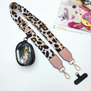 Detail of leopard print phone strap with pink leather and clear round coin purse