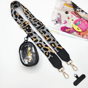 Adjustable leopard print phone strap with detachable small black coin pouch and gold hooks