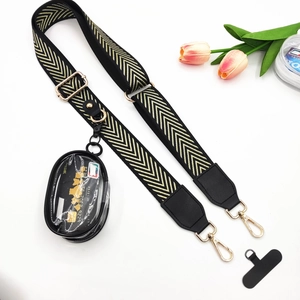 Detail of adjustable black strap with gold chevron pattern and clear coin pouch