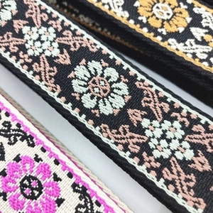 Macro detail of high-density jacquard woven bag straps with ethnic embroidery patterns