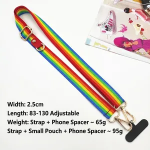 Rainbow striped phone crossbody strap with adjustable gold buckle and black phone patch