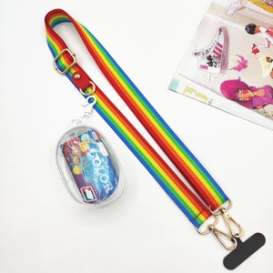 Rainbow striped crossbody phone lanyard with a clear PVC mini bag and gold metal hardware
