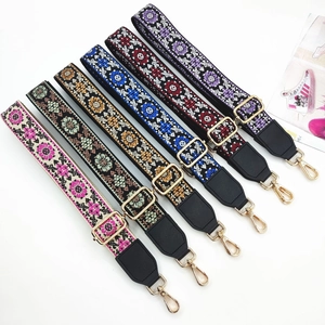 Ethnic wide bag straps with floral embroidery and golden metal hooks in six colors