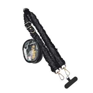 Multifunctional black tweed phone strap with gold carabiners and small clear pouch