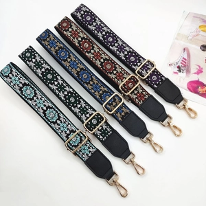 Ethnic embroidery bag straps with floral patterns and gold hardware in five colors