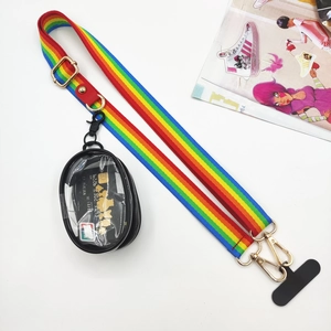 Rainbow crossbody phone strap with transparent PVC pouch and gold metal hardware clips