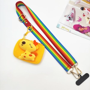 Rainbow woven crossbody phone strap with cute yellow giraffe plush coin purse and metal hooks