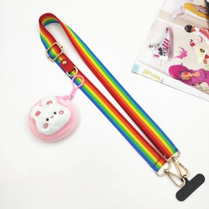 Rainbow crossbody phone strap set with pink plush bunny coin purse and metal hooks