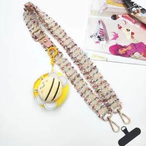 Lanière bandoulière en tweed avec porte-monnaie abeille jaune et patch pour téléphone