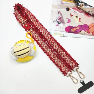 Bandoulière tressée rouge et blanc avec mini pochette abeille en peluche et crochets