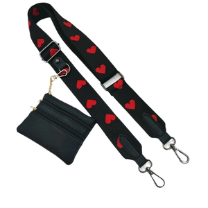 Black wide shoulder strap with red heart embroidery and matching small zipper pouch set