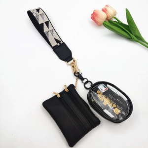 Portable mini wrist pouch set with geometric woven lanyard and leather change purse