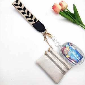 Detail of multi-functional wrist bag set with wide strap, mini coin pouch and transparent case