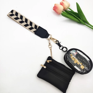 Detail of herringbone strap with mini coin pouch and clear PVC card holder bag