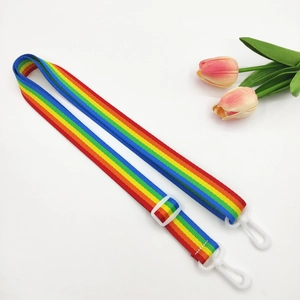 Adjustable rainbow striped shoulder strap with white plastic hooks for bags and accessories