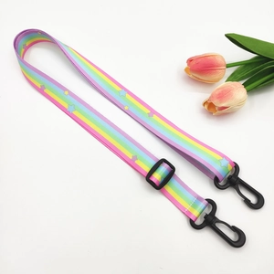 Close-up of adjustable rainbow striped bag strap with black plastic swivel hooks
