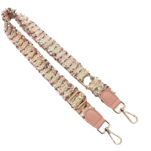 Adjustable colorful woven crossbody strap with pink leather and gold metal hooks