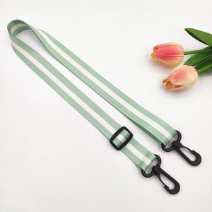 Close-up of mint green striped nylon strap with black plastic swivel hooks and adjuster