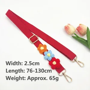 Red canvas bag strap with knit flowers, 2.5cm width, adjustable 76-130cm gold hardware