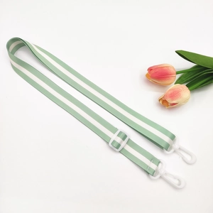 Detail of adjustable light green striped webbing strap with white plastic swivel hooks