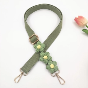 Olive green floral purse strap with daisy crochet detail and gold metal hardware