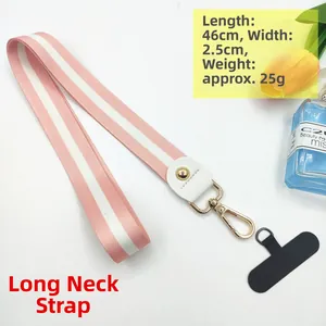Pink and white striped polyester neck strap with dimensions 46cm by 2.5cm and gold clasp