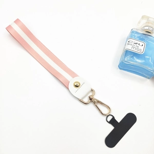 Pink and white striped polyester wrist lanyard with gold spring clasp and phone patch