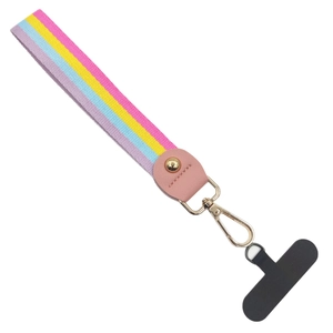 Colorful woven polyester wrist strap with gold spring hook and black phone insert