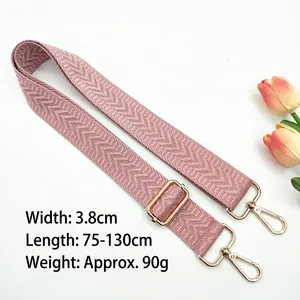 Pink 3.8cm wide woven adjustable shoulder strap with herringbone pattern and gold hooks