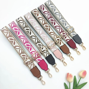 Ethnic style woven wide shoulder straps with gold metal hooks and leaf patterns