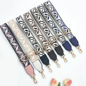 Ethnic style wide adjustable embroidered shoulder straps with gold hooks and floral patterns